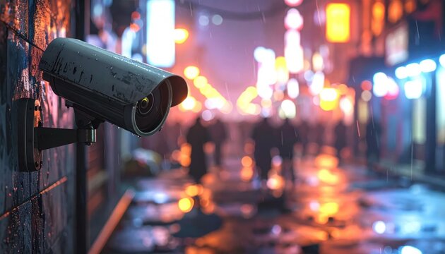 Close-up of security camera against urban neon bokeh