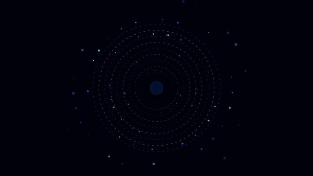 Cosmic swirl with orbiting particles representing data flow on dark space background motion graphic