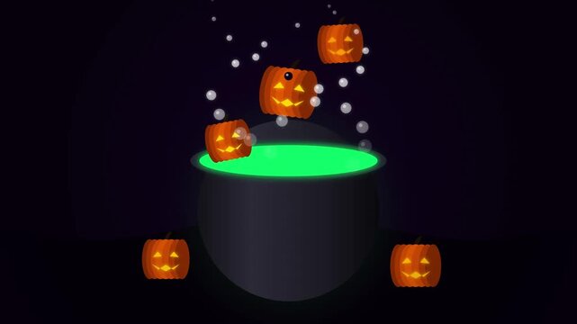 Halloween magic potion in a witch's cauldron with glowing pumpkins floating and bubbling in dark background motion graphic animation