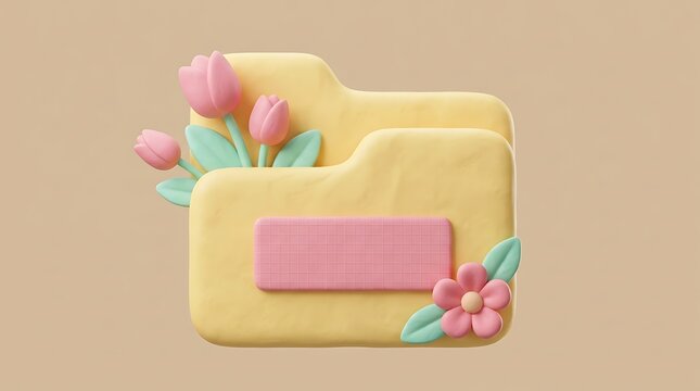 A beautifully rendered three dimensional illustration features a bright yellow folder decorated with vibrant colorful tulips and other charming floral details