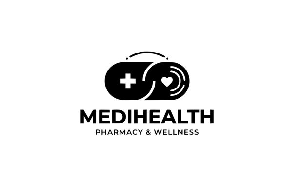 Create a clean minimalist vector icon logo design featuring a pharmaceutical capsule pill as the central symbol. Use a simple black outline with a subtle capsule split line, balanced geometric proport