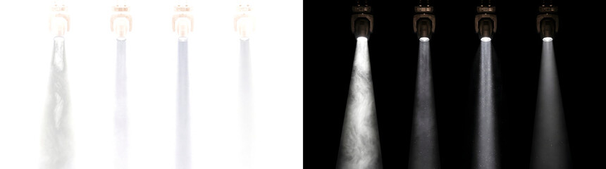 Obraz premium Moving head spotlights casting four white light beams through stage smoke and dust for concert overlays in PNG, Transparent and Black Background Versions