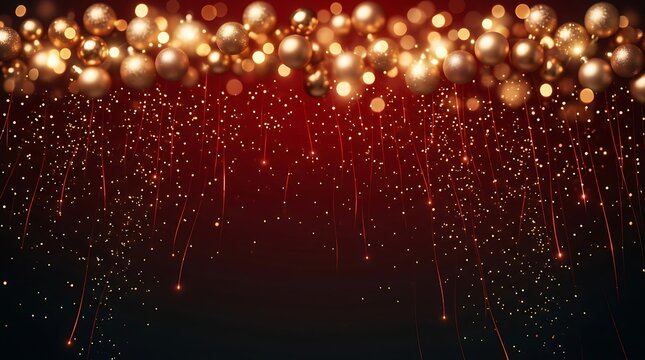 Festive gold christmas ornaments with glowing bokeh lights and falling particles on a dark red background