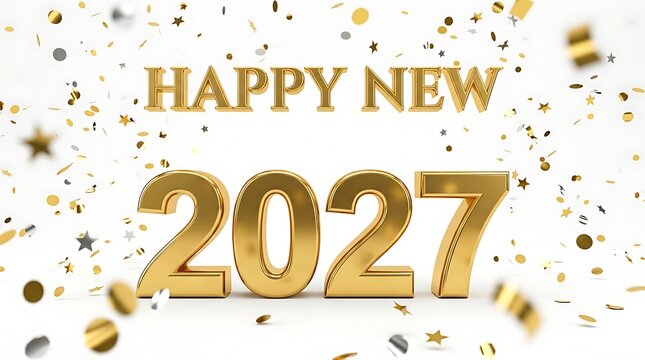 Golden 3d text happy new 2027 with falling metallic confetti on white background