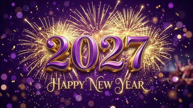 Golden and purple metallic 2027 happy new year celebration greeting card design with fireworks