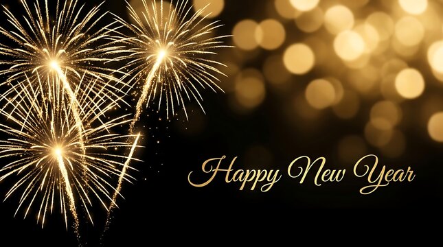 Golden fireworks display with Happy New Year text on a dark festive background