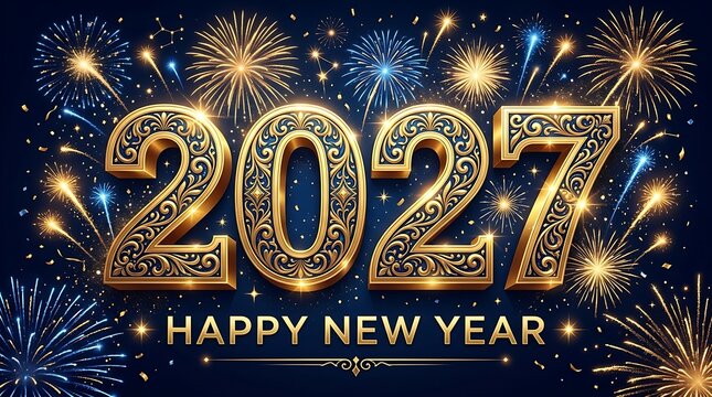 Golden ornate 2027 happy new year greeting card design with colorful exploding fireworks on a dark blue background