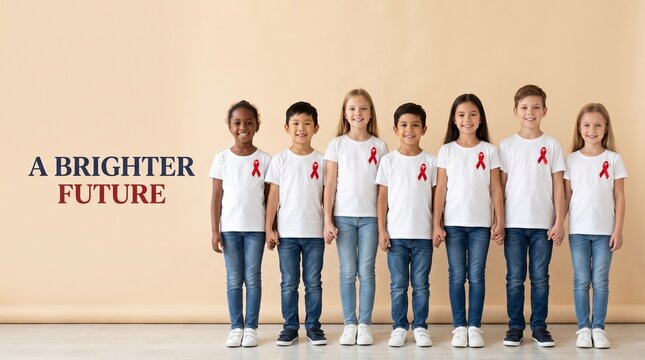 Diverse children wearing red ribbons and holding hands for World AIDS Day campaign to represent unity and a brighter future.