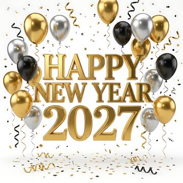 Happy New Year 2027 gold 3D text with festive balloons and confetti