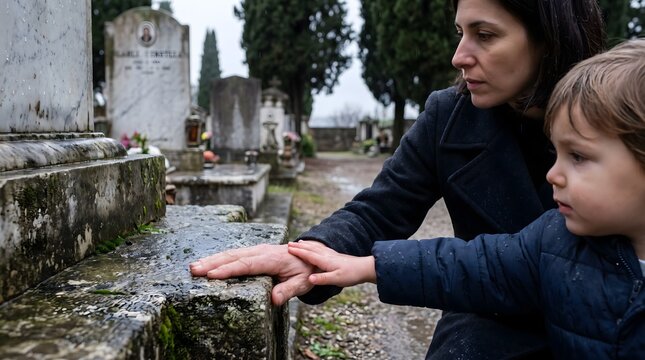 A young mother and her small child stand in a cemetery, both placing their hands gently on a weathered grave marker, amidst a backdrop of numerous other tombstones under an overcast sky.