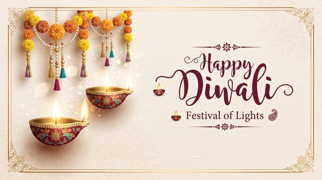Happy Diwali Greeting Card Banner with Two Ornate Clay Diyas and Marigold Garlands