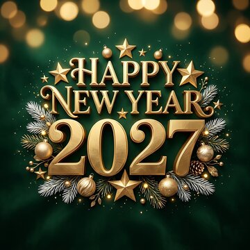 Happy New Year 2027 elegant gold typography design with festive decorations