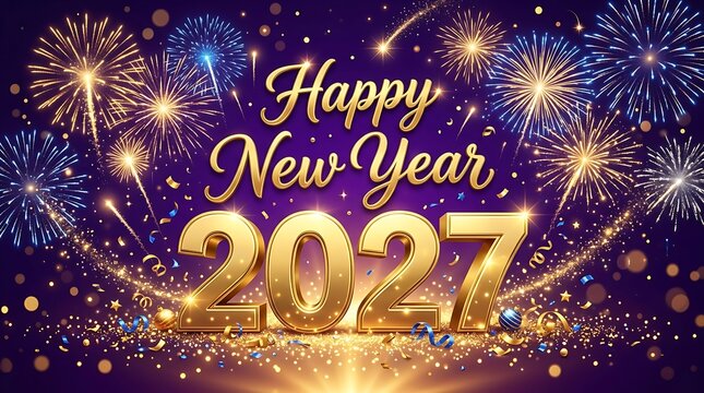 Happy New Year 2027 gold text with bright colorful fireworks on a deep purple background for holiday celebration