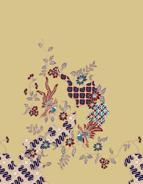 Traditional Indonesian batik pattern illustration Elegant batik pattern design with classic Javanese parang motifs, bird elements, and floral accents isolated on cream background