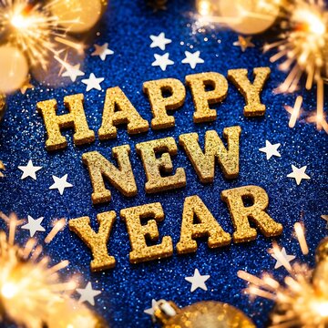 Happy New Year text written in gold glitter letters on blue sparkling background with festive bright lights