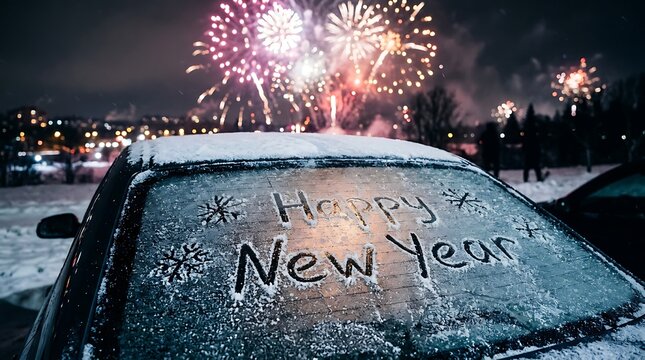 Happy New Year written in the snow on a car back window with fireworks in the night sky