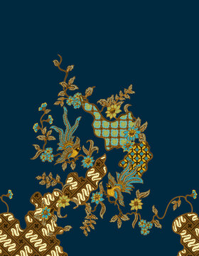 Traditional Indonesian batik pattern illustration, Elegant batik pattern design with classic Javanese parang motifs, bird elements, and golden flowers isolated on navy blue background