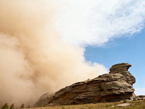 Dust storm engulfing a rocky formation under a partly cloudy sky