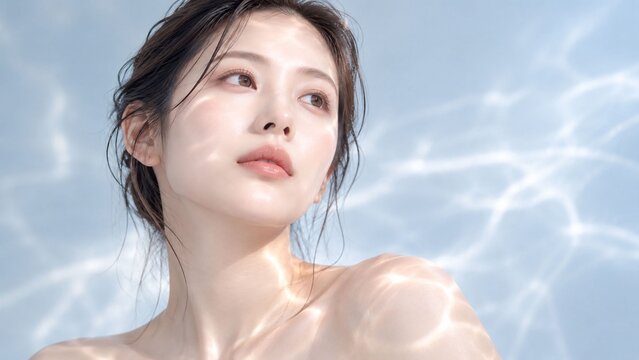 水面反射の光に包まれ艶やかな素肌と濡れ感のある髪を見せる日本人女性の美容ポートレート