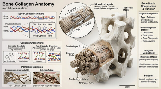 3D Photorealistic Complete Human Bone Collagen Anatomy with Type I Collagen Hydroxyapatite and Crosslinks