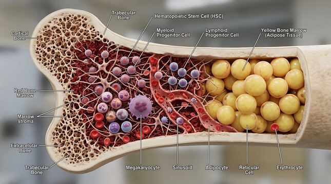 3D Photorealistic Complete Human Bone Marrow Anatomy with Red and Yellow Marrow and Hematopoietic Stem Cells