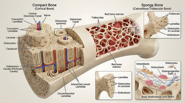 3D Photorealistic Complete Human Compact and Spongy Bone Anatomy with Osteons and Trabeculae