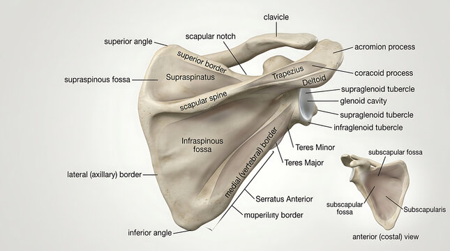 3D Photorealistic Complete Human Scapula Anatomy with Body Spine Acromion Coracoid and Glenoid Cavity