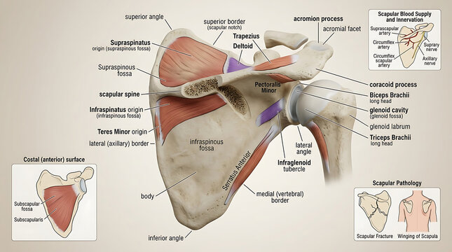 3D Photorealistic Complete Human Scapula Anatomy with Body Spine Acromion Coracoid and Glenoid Cavity