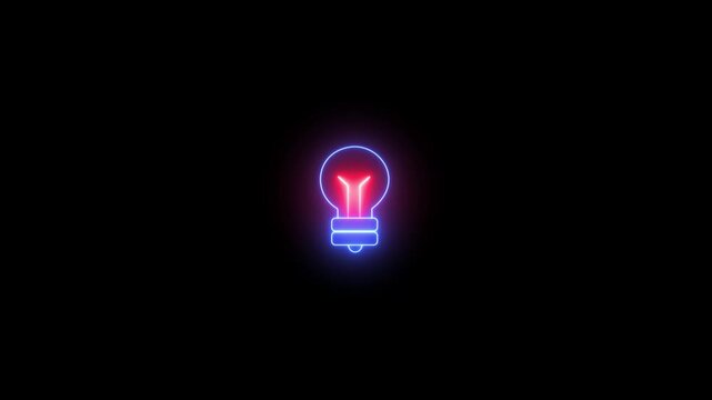 Glowing light bulb symbol animation on black background. Energy idea, Electric neon bulb icon.
