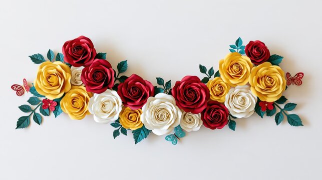 Crescent arrangement of handcrafted paper roses in red, yellow, and white with teal leaves and small butterfly cutouts on a white