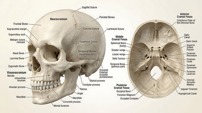 3D Photorealistic Complete Human Skull Anatomy with Cranial Facial Bones Sutures Foramina and Fossae