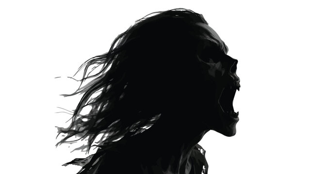 Terrifying female zombie screaming profile silhouette with flowing dark hair and aggressive scary expression