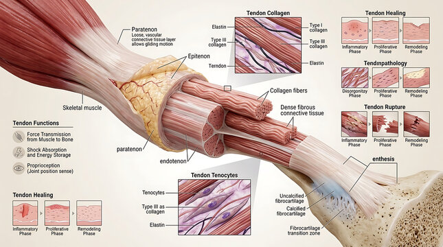 3D Photorealistic Complete Human Tendon Anatomy with Collagen Fibers Tenocytes and Enthesis