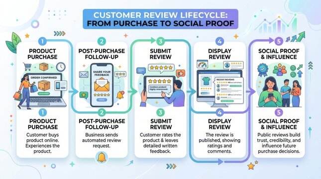 Customer review lifecycle infographic showing the five steps from product purchase to social proof and influence in online shopping