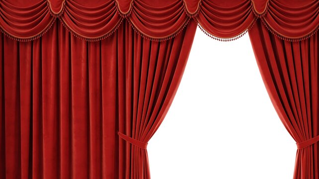 Red theater curtains opened to reveal a bright empty stage