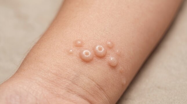 Close up shot of human arm skin with molluscum contagiosum pearly umbilicated viral papules