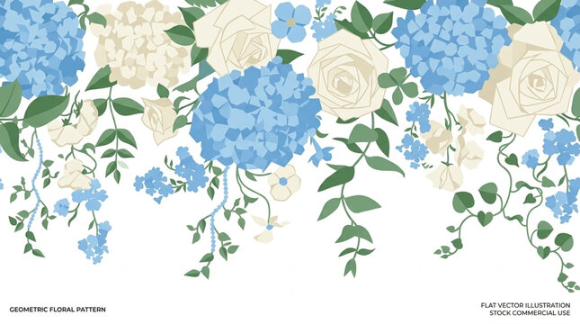 Blue hydrangea and white rose floral border seamless vector pattern