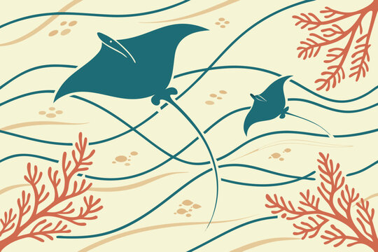 Batik pattern seamless vector tiles featuring graceful manta rays and coral reef motifs in decorative marine design for textile wallpaper decor generated ai
