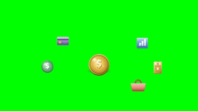 Dimensional 2.5D animation of a coin dropping onto an invisible surface, creating expanding ripples that reveal financial icons representing money, growth, shopping, payment, and investment 