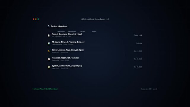 A high-tech 4K modern OS file and data search simulation. Features clean glassmorphism UI, real-time search typing animation (Searching local databases...), categorized file results, and glowing neo