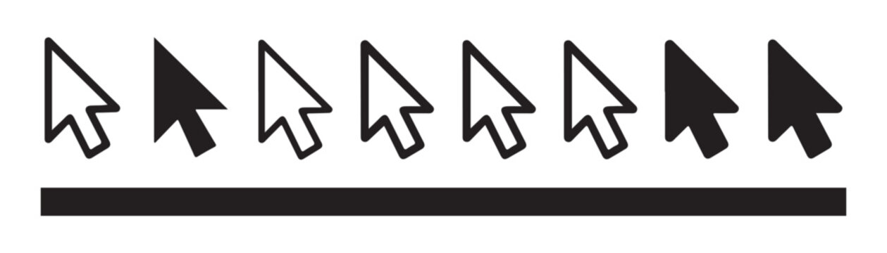 Black cursor arrow icon set with loading bar on transparent background for computer interface.