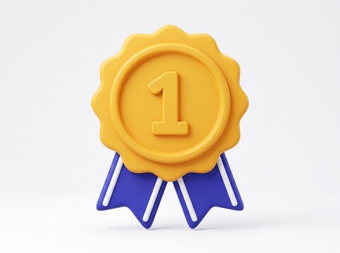 3D golden medal icon with number one and blue ribbon prize gold medal first place 3D icon