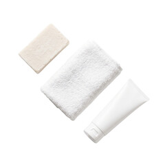 Fototapeta premium Soap bar towel and cosmetic tube isolated on a transparent background for spa design