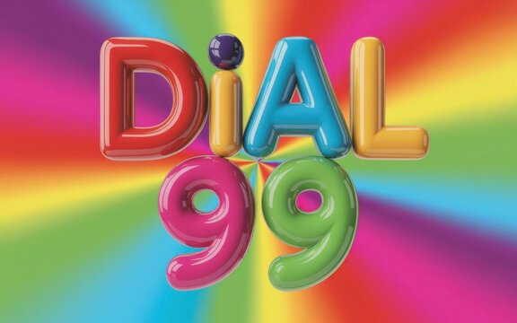 3 d inflatable balloon text reading dial 99 against a rainbow sunburst