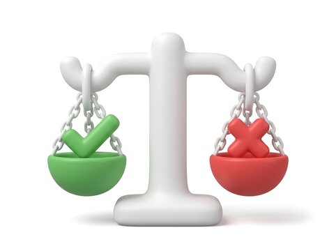 3D Balance scale illustration with a green check mark and red cross mark checkmark cross positive neg