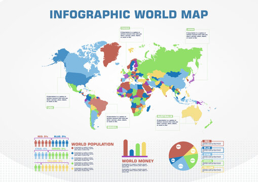 Infographic world map vector asset. Global data visualization chart graphic element continental country territory global business statistics layout banner presentation report design concept.