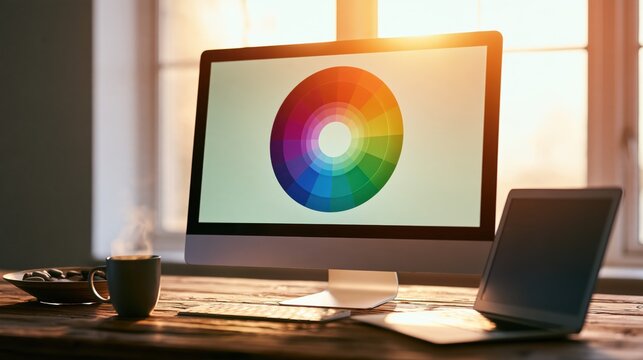 Desktop computer monitor displaying a colorful circular color wheel on the screen with a laptop and a steaming cup of coffee on a wooden desk
