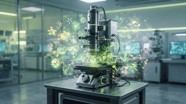 Futuristic Electron Microscope for Nanotechnology Research, glowing acid green scientific instrument surrounded by abstract nanoscale structures