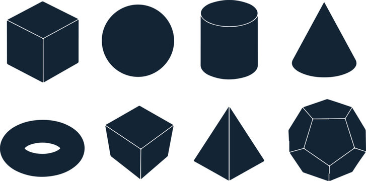 Collection of eight basic geometric shapes including cube sphere cylinder cone pyramid torus and polyhedron designs