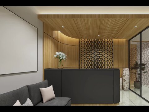 Animation 3d  Render of Modern Office Reception Desk Interior with Blank Mockup Frame and Sofa.